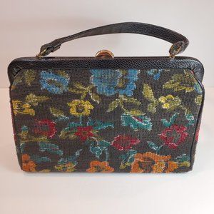 Mid Century Purse Hand Bag Floral Fabric Tapestry Leather Zipper Clasp VTG 1960s